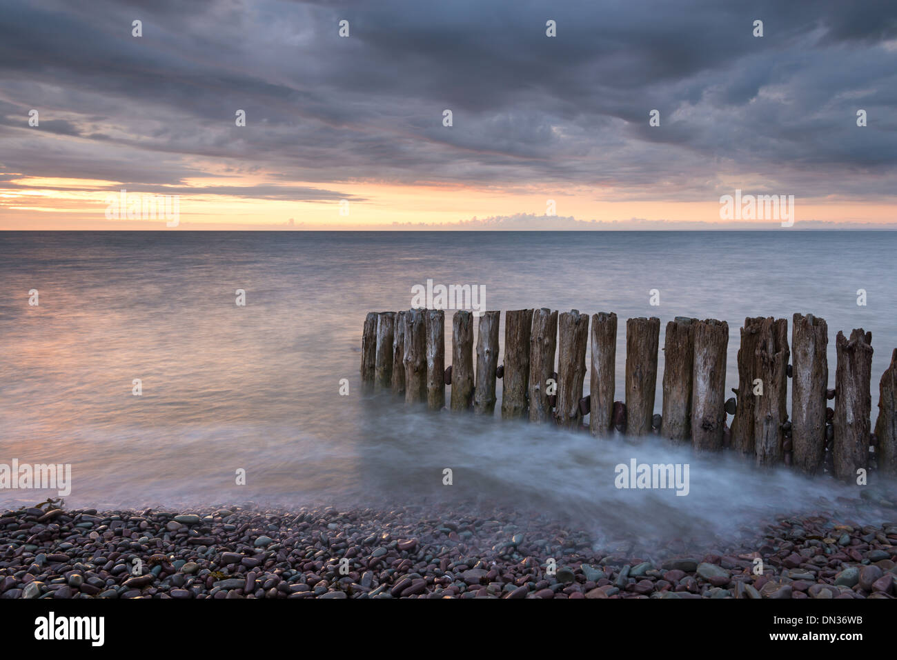 Épi en bois sur Bossington plage au coucher du soleil, Exmoor, Somerset, Angleterre. L'été (juillet) 2013. Banque D'Images