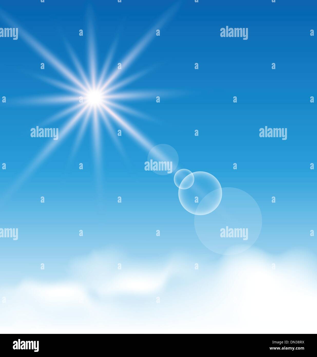 Ciel bleu avec du soleil et nuages Illustration de Vecteur