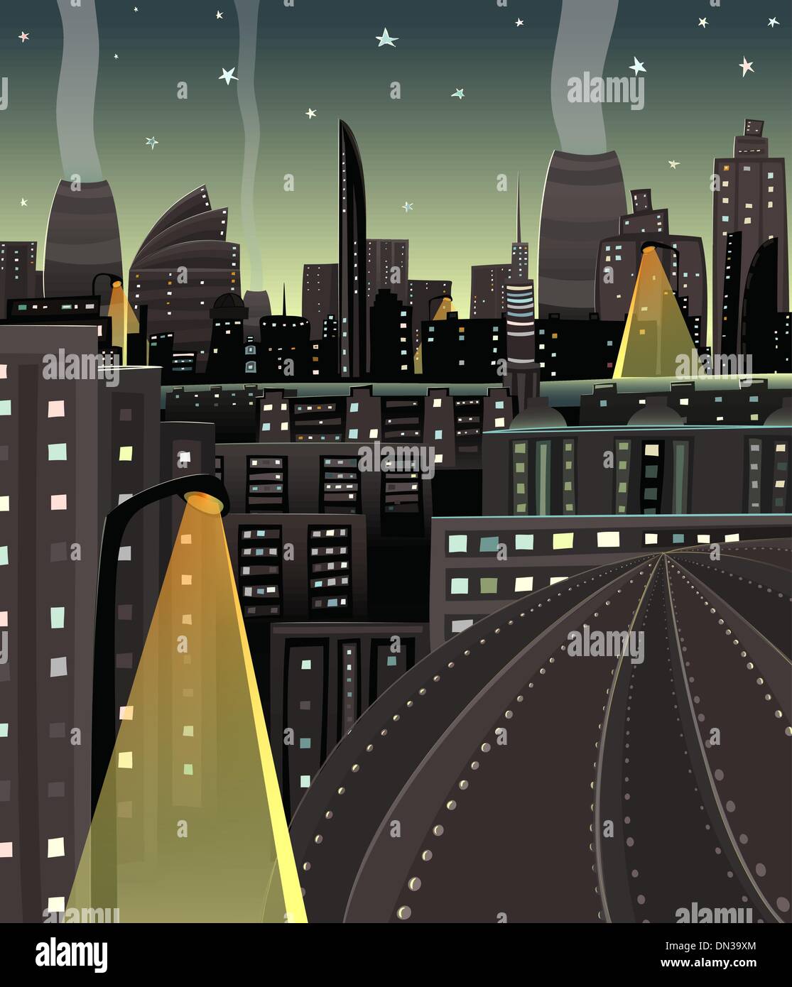 Nuit Paysage urbain Cartoon Illustration de Vecteur