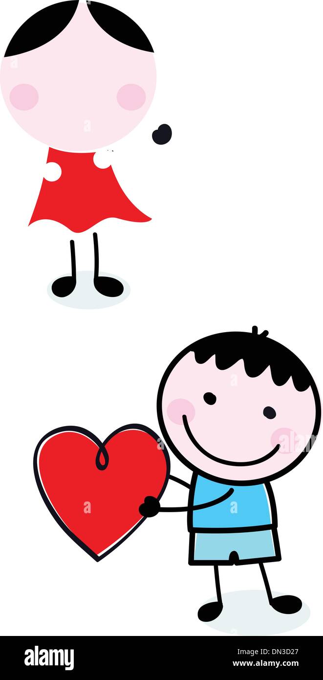 Stick figure Cute Kids holding Saint-valentin coeurs Illustration de Vecteur