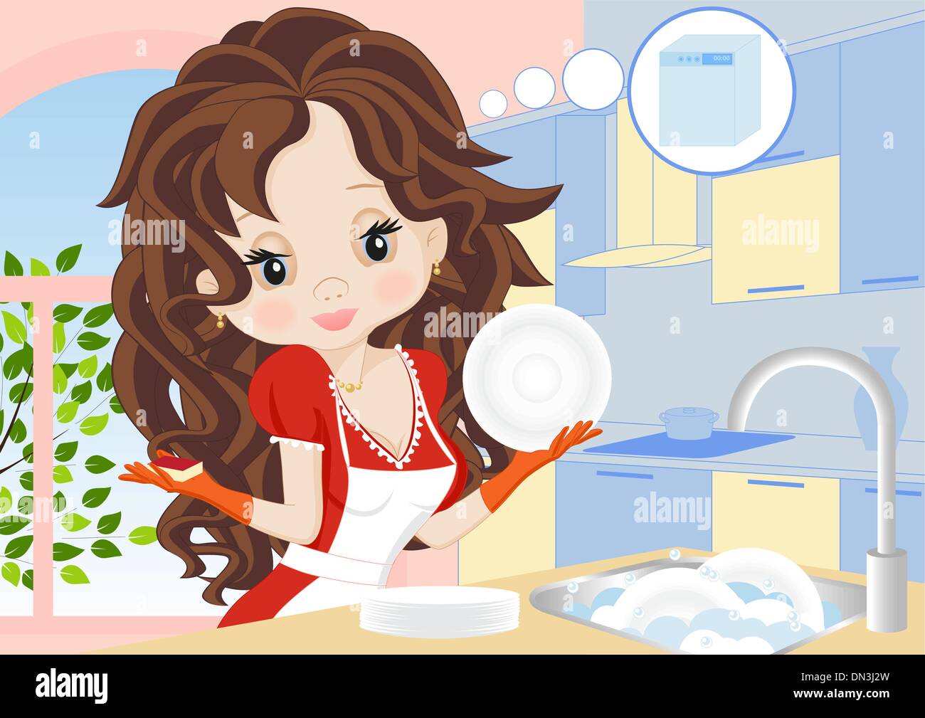 Femme efface les plats dans la cuisine Illustration de Vecteur