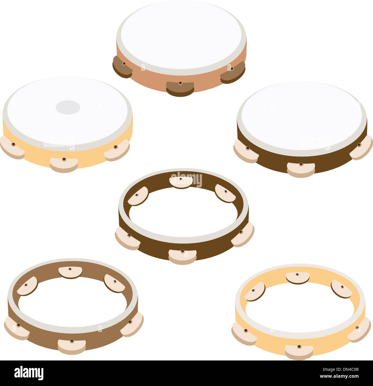 Six belles WoodenTambourine sur fond blanc Illustration de Vecteur