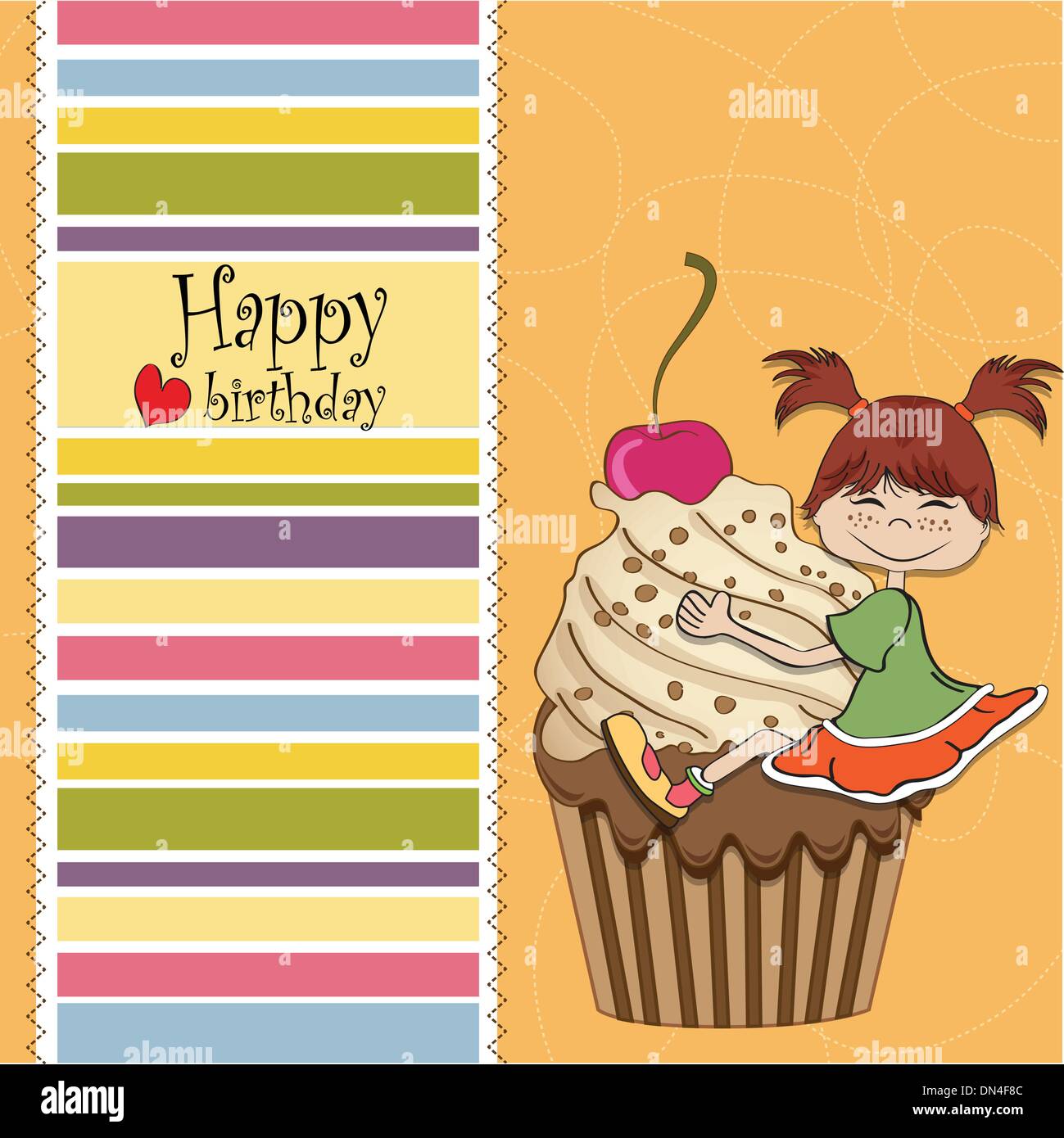 Carte d'anniversaire avec funny girl perché sur cupcake Illustration de Vecteur