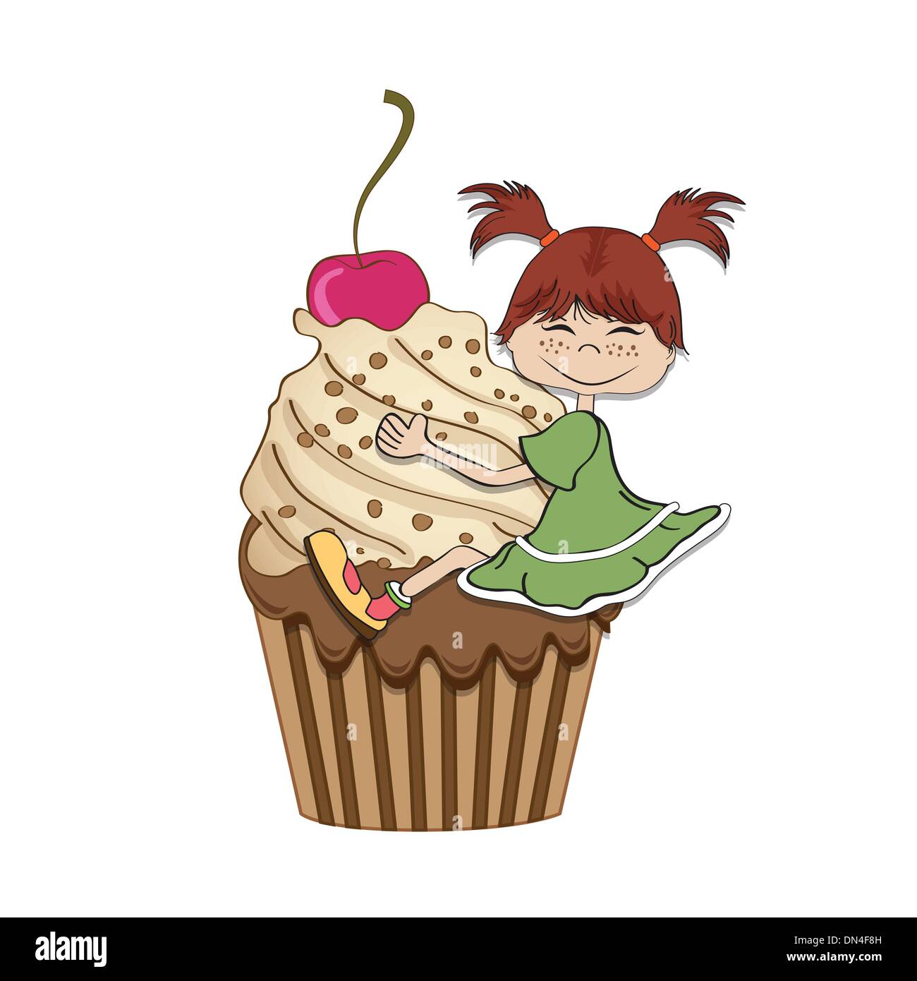 Carte d'anniversaire avec funny girl perché sur cupcake Illustration de Vecteur