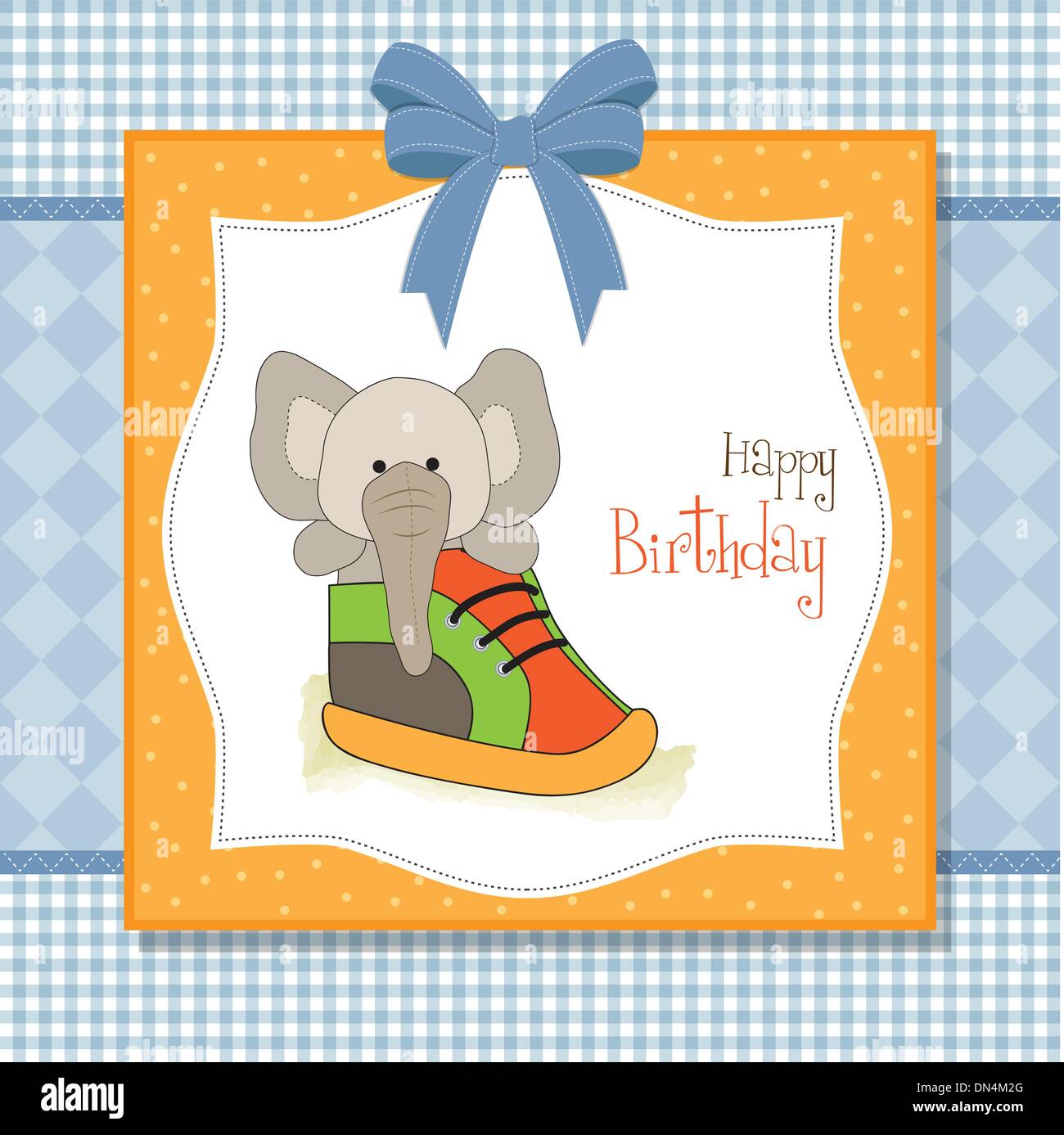 Joyeux anniversaire carte avec un éléphant caché dans une chaussure Illustration de Vecteur