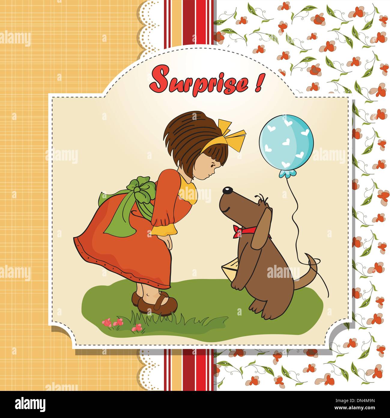 Jeune fille et son chien dans une magnifique carte de souhaits d'anniversaire Illustration de Vecteur