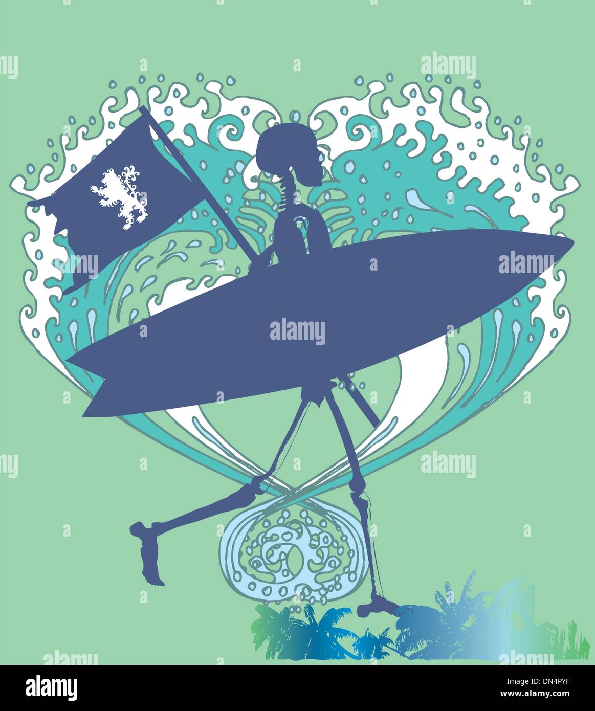 Palm beach skeleton surfer vector art Illustration de Vecteur