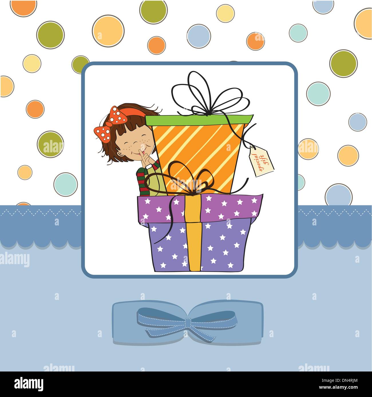 Cute little girl cachée derrière des boîtes de cadeaux. joyeux anniversaire gr Illustration de Vecteur