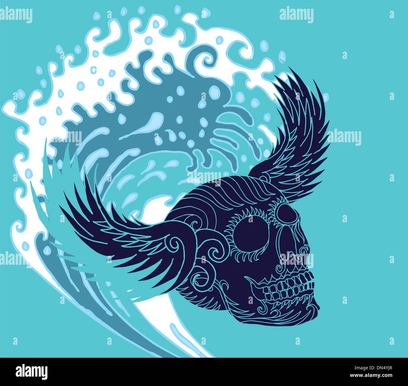 Big Wave tattoo skull et ailes vector art Illustration de Vecteur