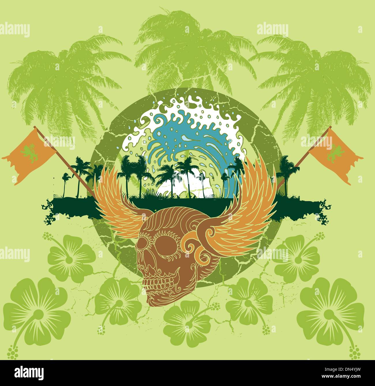 L'océan Pacifique et les ailes du crâne de palm beach art vectoriel Illustration de Vecteur