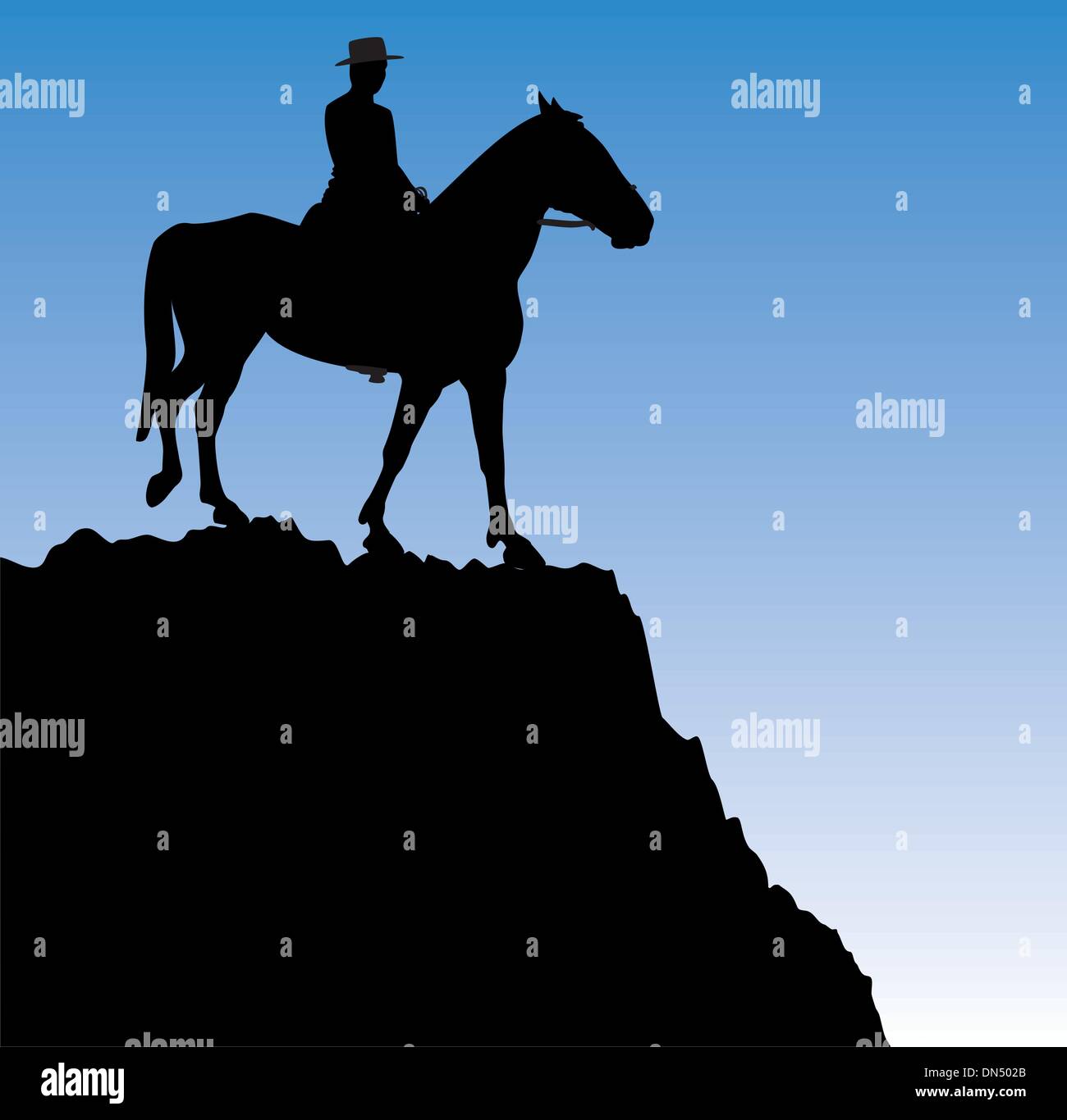 L'homme sur le cheval au sommet de la montagne Illustration de Vecteur