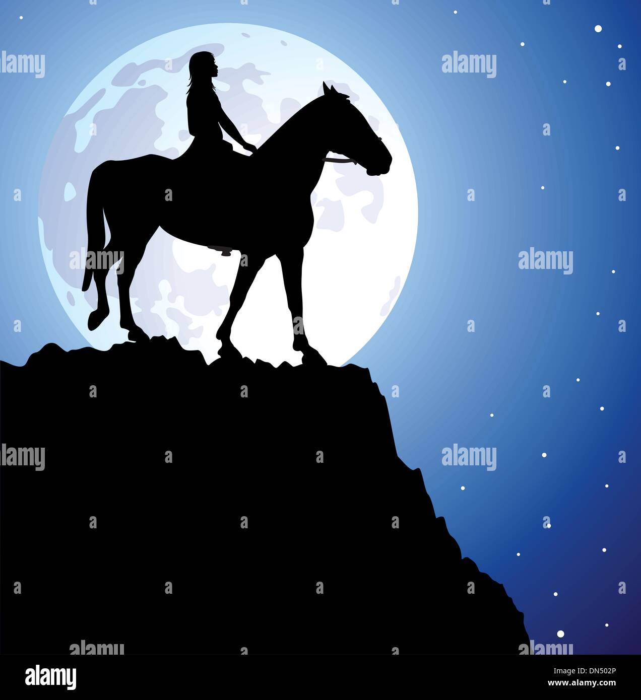 Fille sur le cheval au sommet de la montagne Illustration de Vecteur