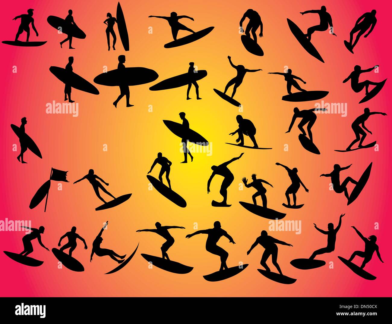 L'homme et la femme silhouette surfer vector art Illustration de Vecteur