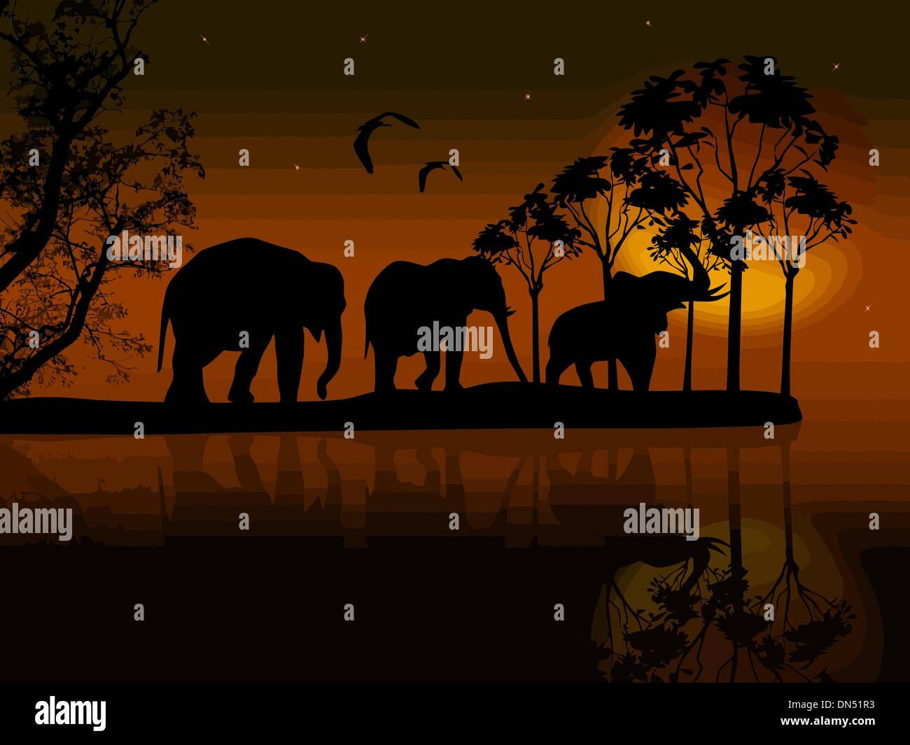 Silhouette d'éléphants en Afrique près de l'eau Illustration de Vecteur