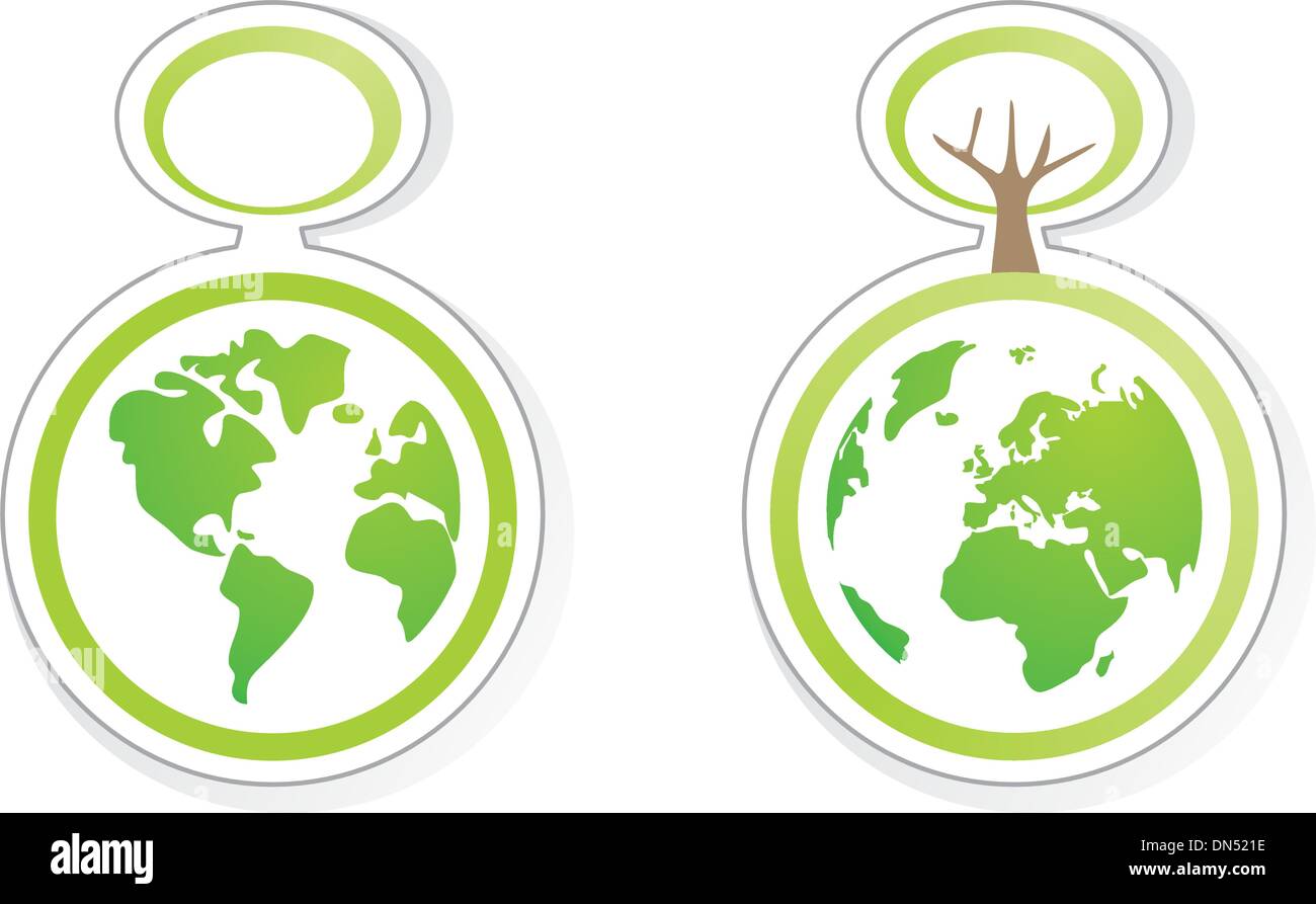 Eco recyclage vecteur icône, signe, logo ou autocollant avec arbre. World globe isolé sur fond blanc avec l'ombre et les deux globes Illustration de Vecteur