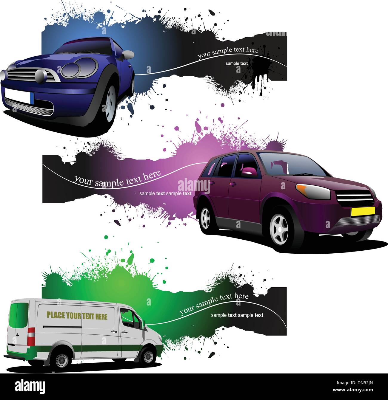 Trois Bannières grunge avec des voitures. Vector illustration Illustration de Vecteur