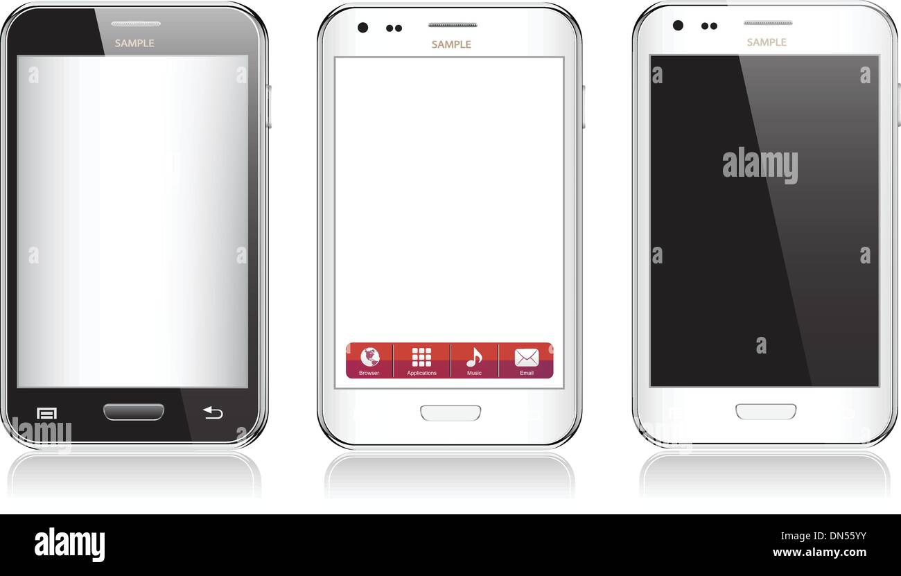 Ensemble de trois téléphones mobiles réalistes isolé sur fond blanc Illustration de Vecteur