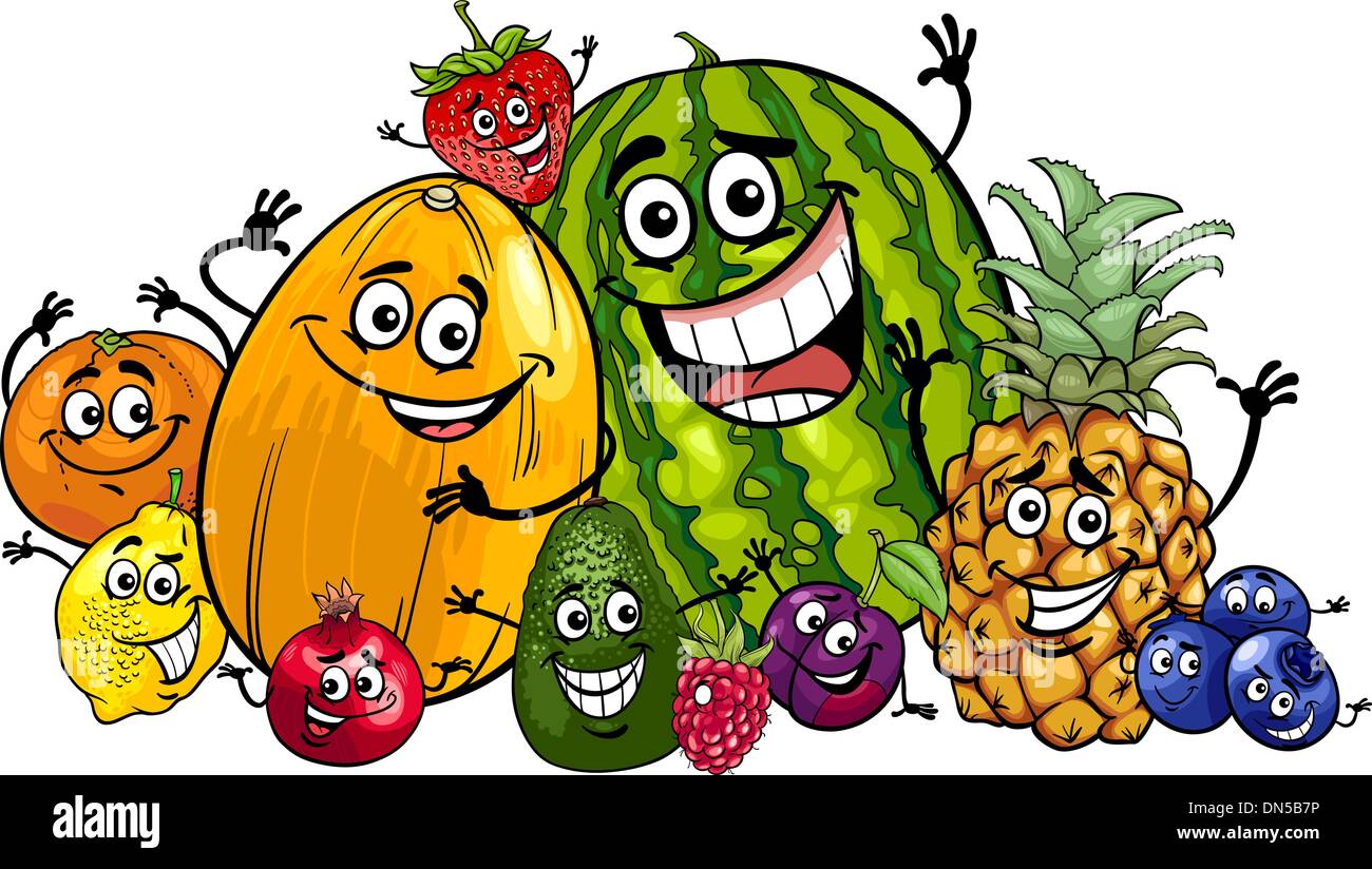 Groupe fruits funny cartoon illustration Illustration de Vecteur