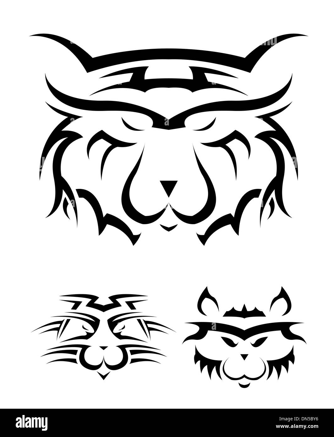 Ensemble de tatouages noir et blanc sous la forme d'un chat sauvage sur un fond blanc Illustration de Vecteur