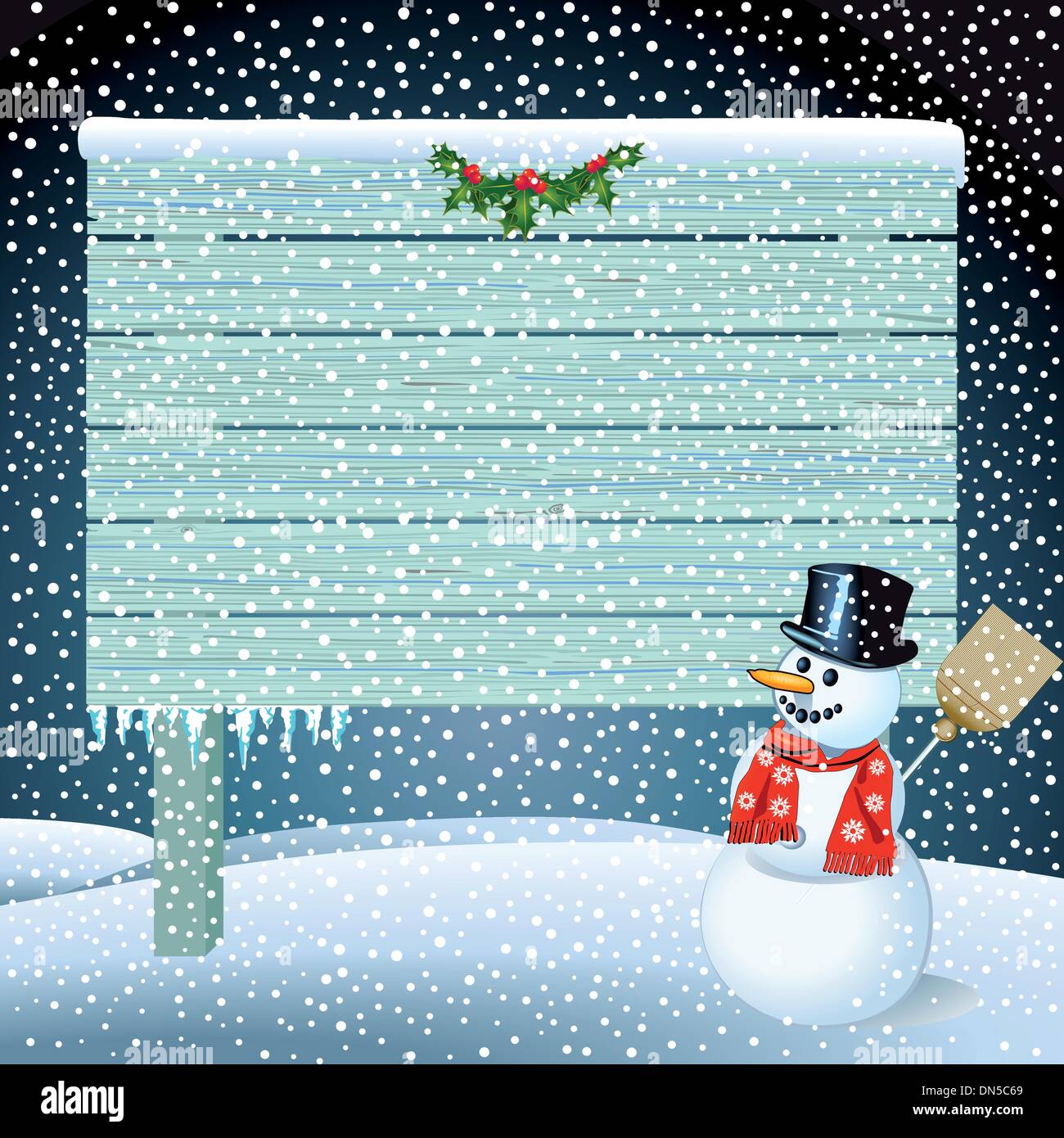 Le Snowman avec panneau en bois Illustration de Vecteur
