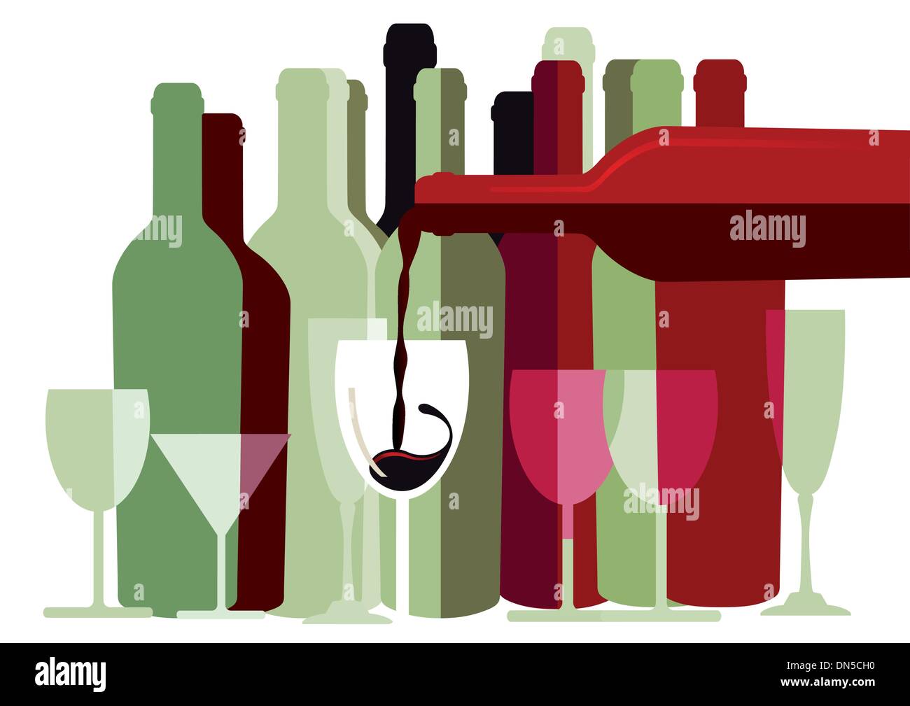 Blanc et vin rouge bouteilles et verres Illustration de Vecteur