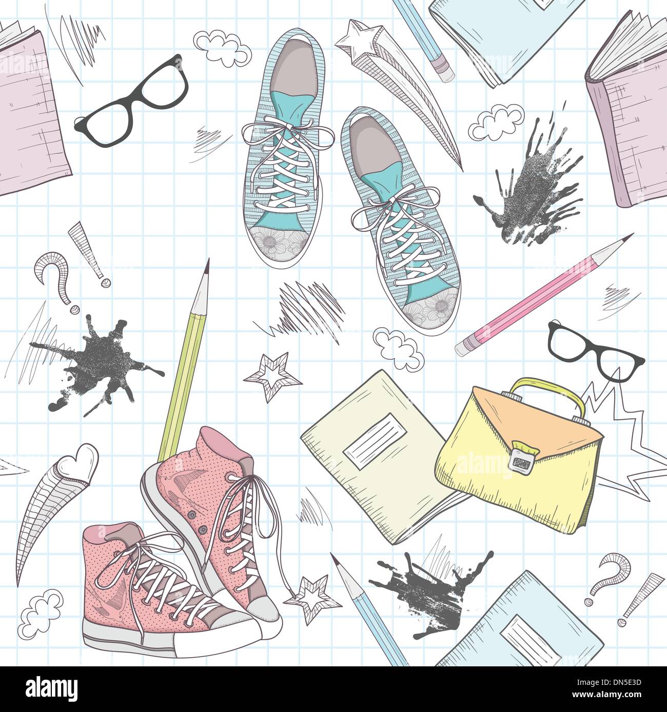 Cute school abstract pattern. Modèle transparent avec des chaussures, sacs, Illustration de Vecteur