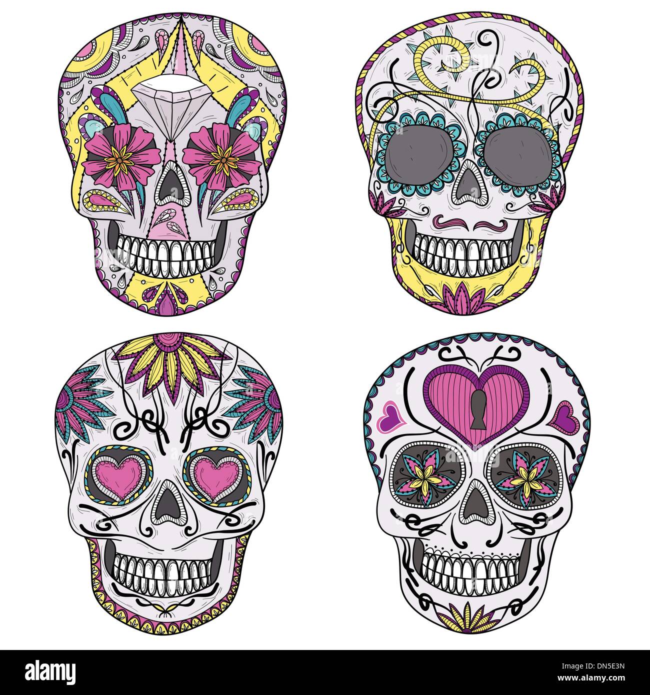 Crâne mexicain. Crânes colorés avec fleur et coeur Illustration de Vecteur