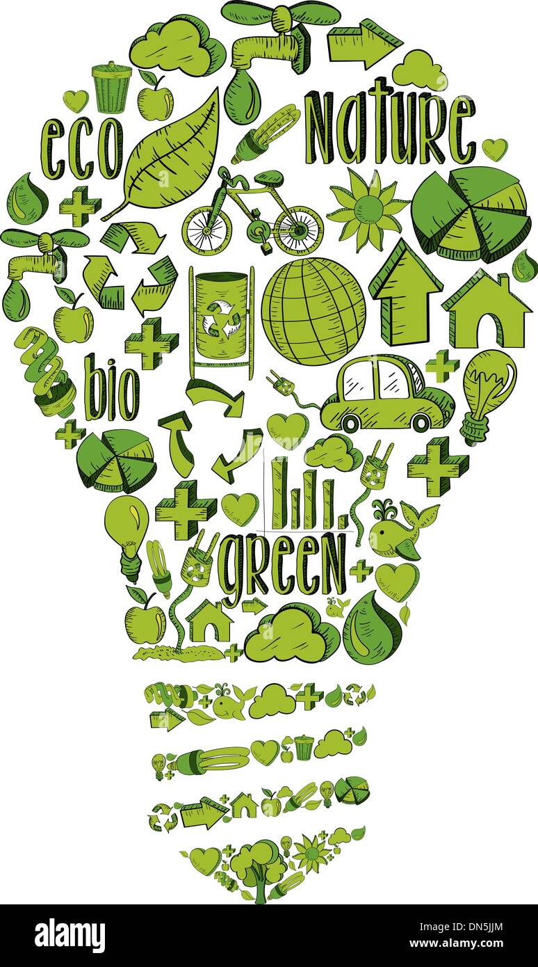 Ampoule verte avec des icônes de l'environnement Illustration de Vecteur