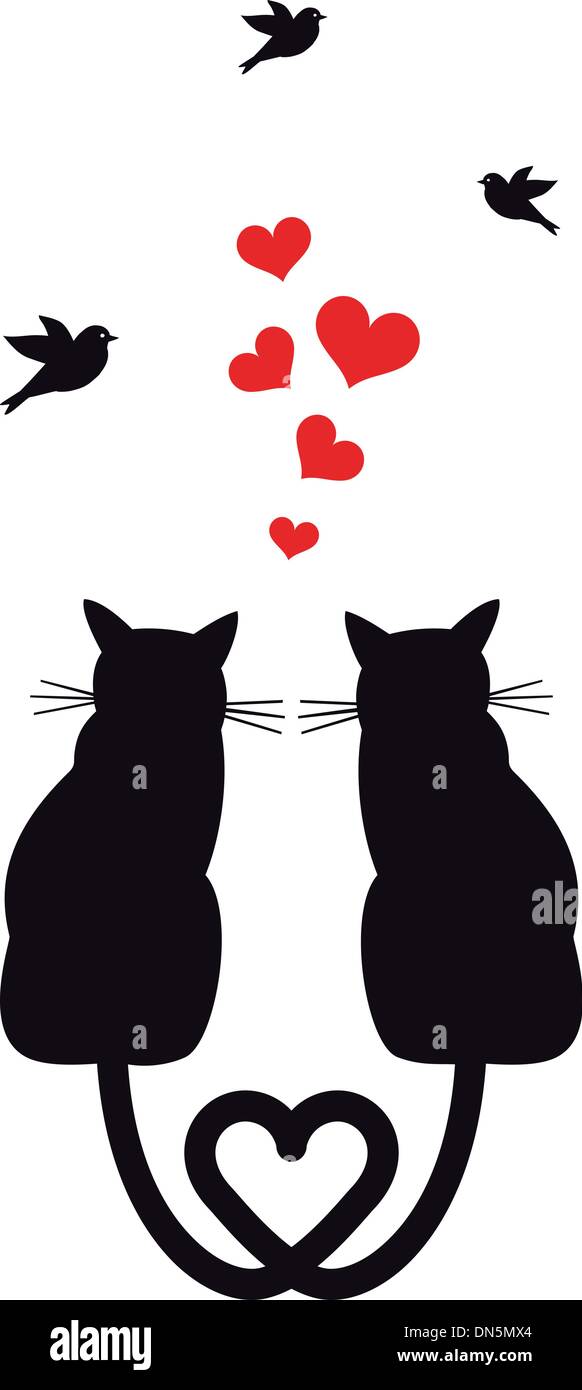 Les chats dans l'amour avec des cœurs et des oiseaux, vector Illustration de Vecteur