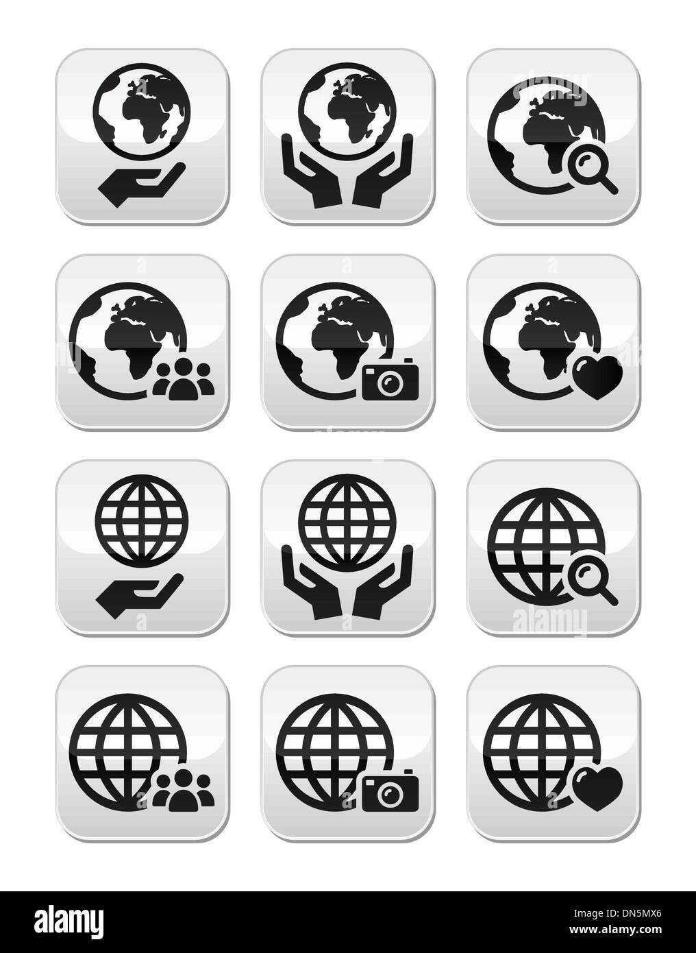 Planète terre avec mains vector icons set avec réflexion Illustration de Vecteur