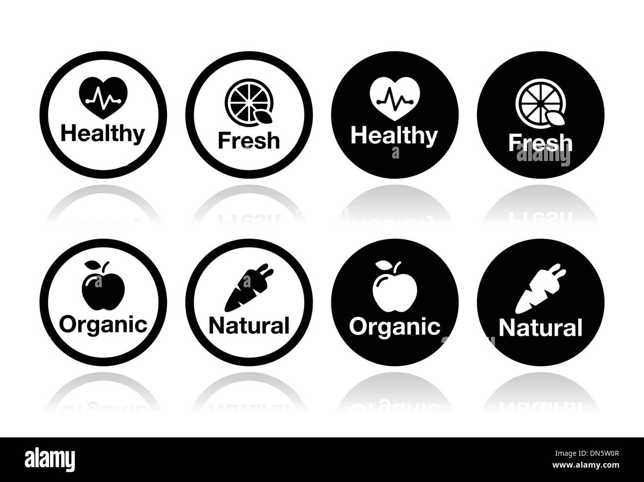 Les aliments biologiques, des produits frais et naturels icons set Illustration de Vecteur