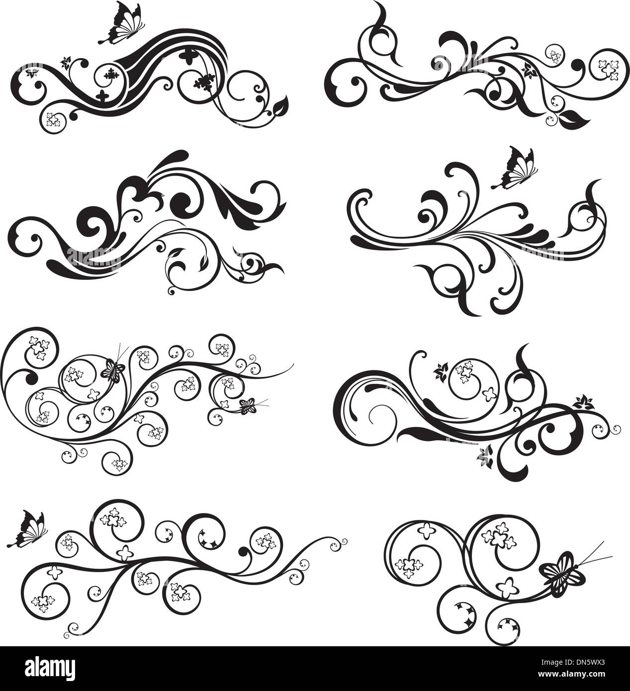 Belle fleur et silhouettes de papillons design collection Illustration de Vecteur