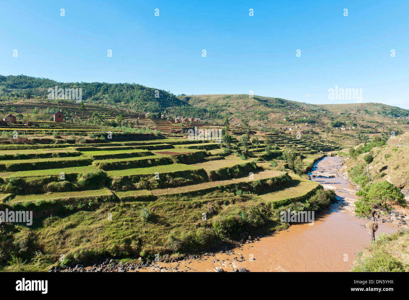 Villages du peuple Merina avec des rizières en terrasse au-dessus d'une rivière, près d'Antananarivo, Madagascar Banque D'Images