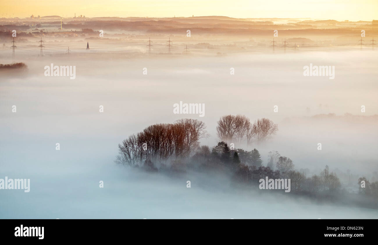 Vue aérienne, brume du matin au-dessus de la rivière Lippe, Hamm, Ruhr, Rhénanie du Nord-Westphalie, Allemagne Banque D'Images