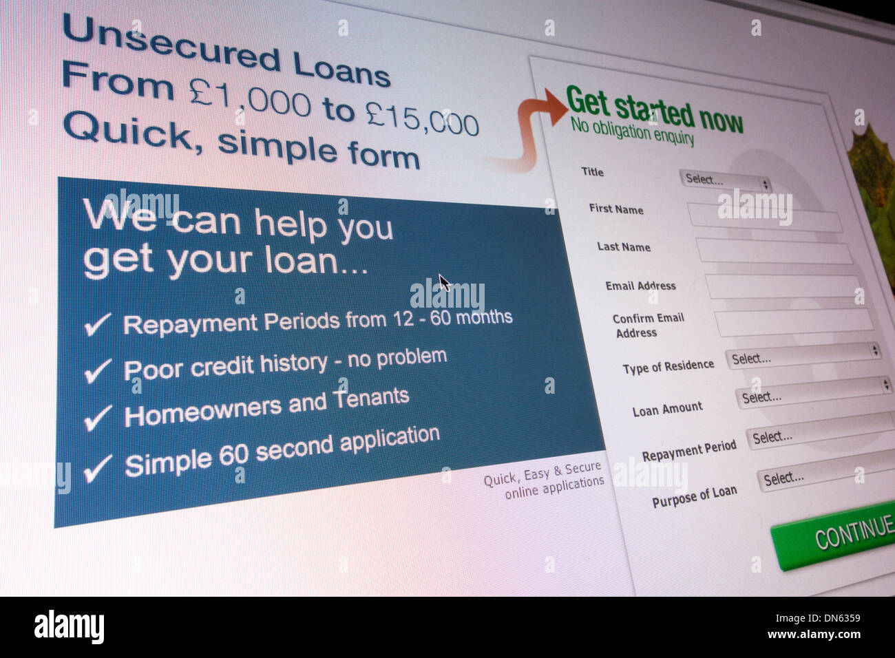 Capture d'LoansPronto offrant des prêts non garantis à partir de £1000 pour £15000. Banque D'Images