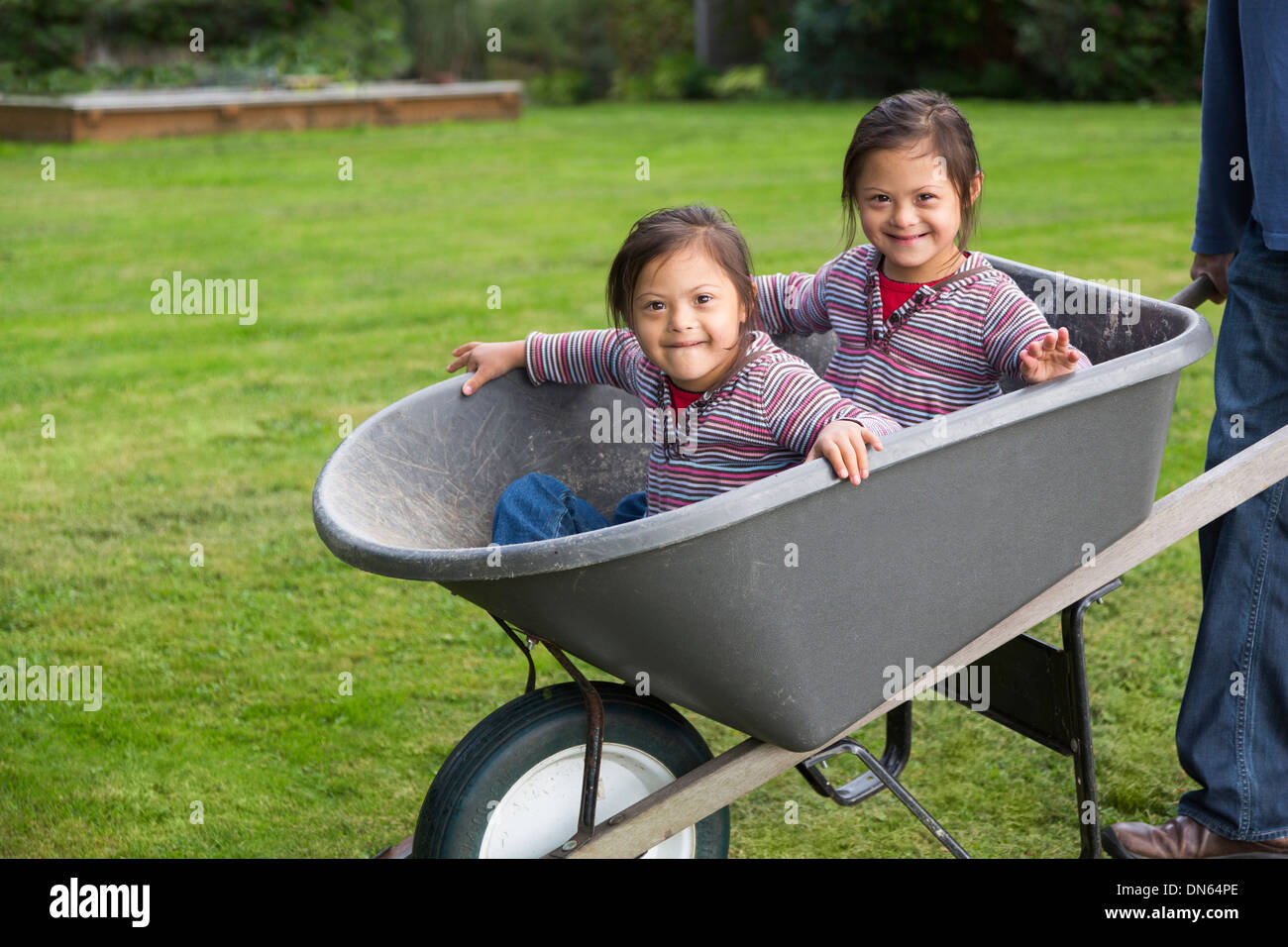 Des jumeaux atteints du syndrome de Down smiling in brouette Banque D'Images
