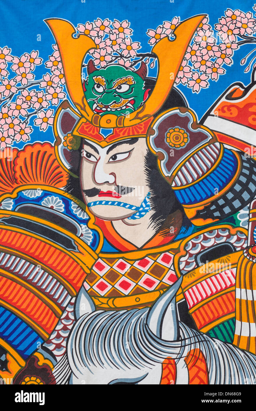 Le Japon, Honshu, le Kanto, Tokyo, Asakusa, Temple Sensoji, Bannière représentant l'illustration de samouraïs Banque D'Images