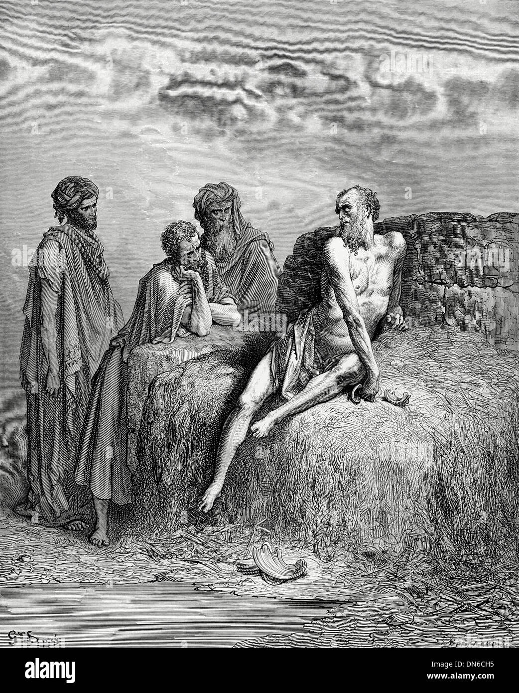 Ancien Testament. Job parle avec ses amis. Job 1. Gravure de Gustave Dore. Banque D'Images