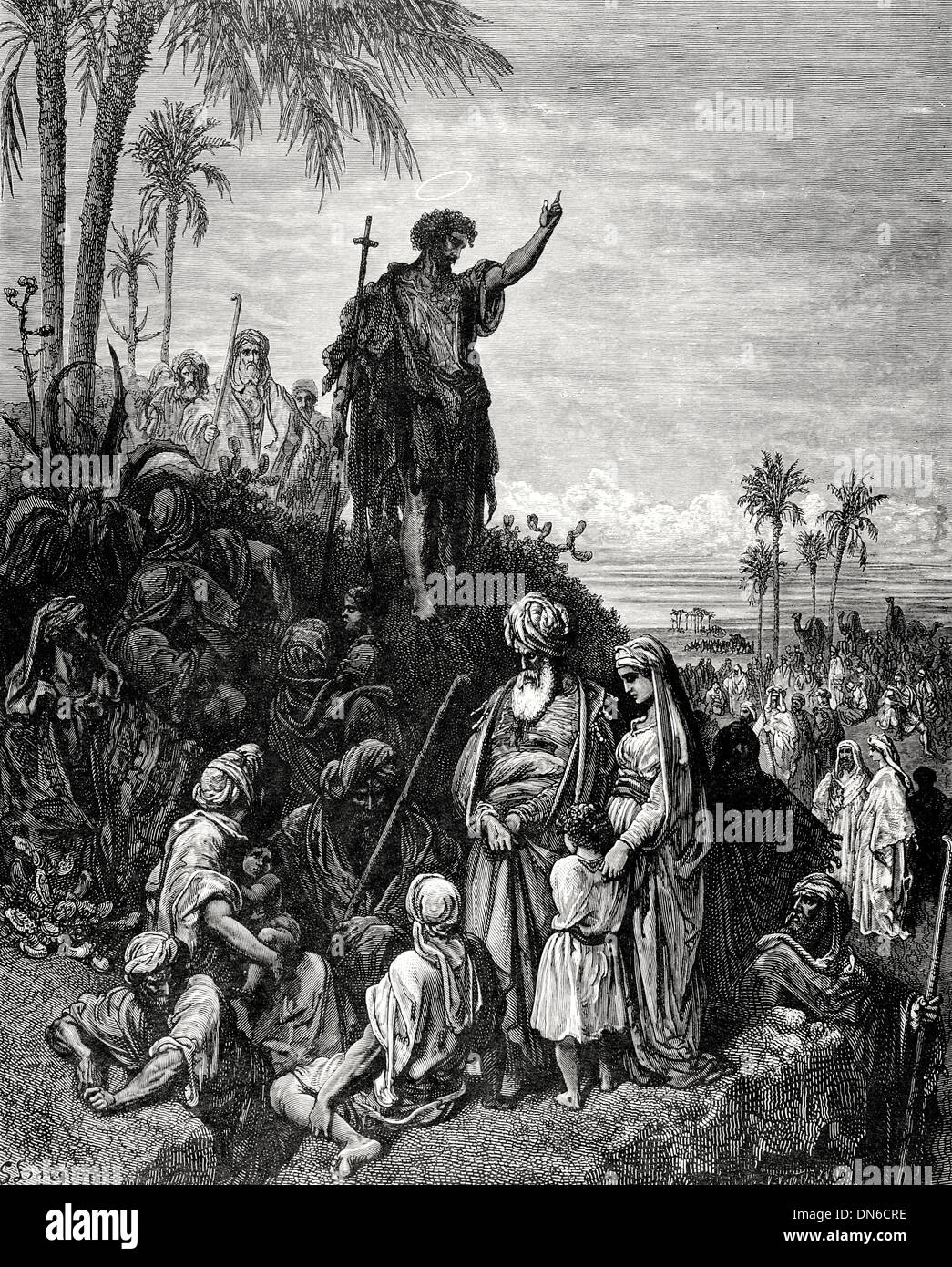 Le Nouveau Testament. Jean le Baptiste prêche dans le désert. Mark 1a. Gravure de Gustave Dore. 19e siècle. Banque D'Images