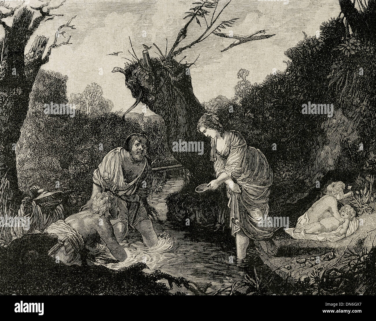 La mythologie classique. Leto avec ses fils jumeaux Apollon et Artémis. Gravure dans la péninsule ibérique, l'Illustration, 1885 Banque D'Images