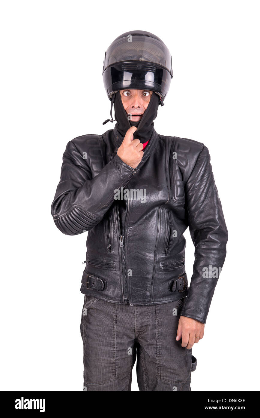 Biker en blouson de cuir avec casque isolé dans White Banque D'Images