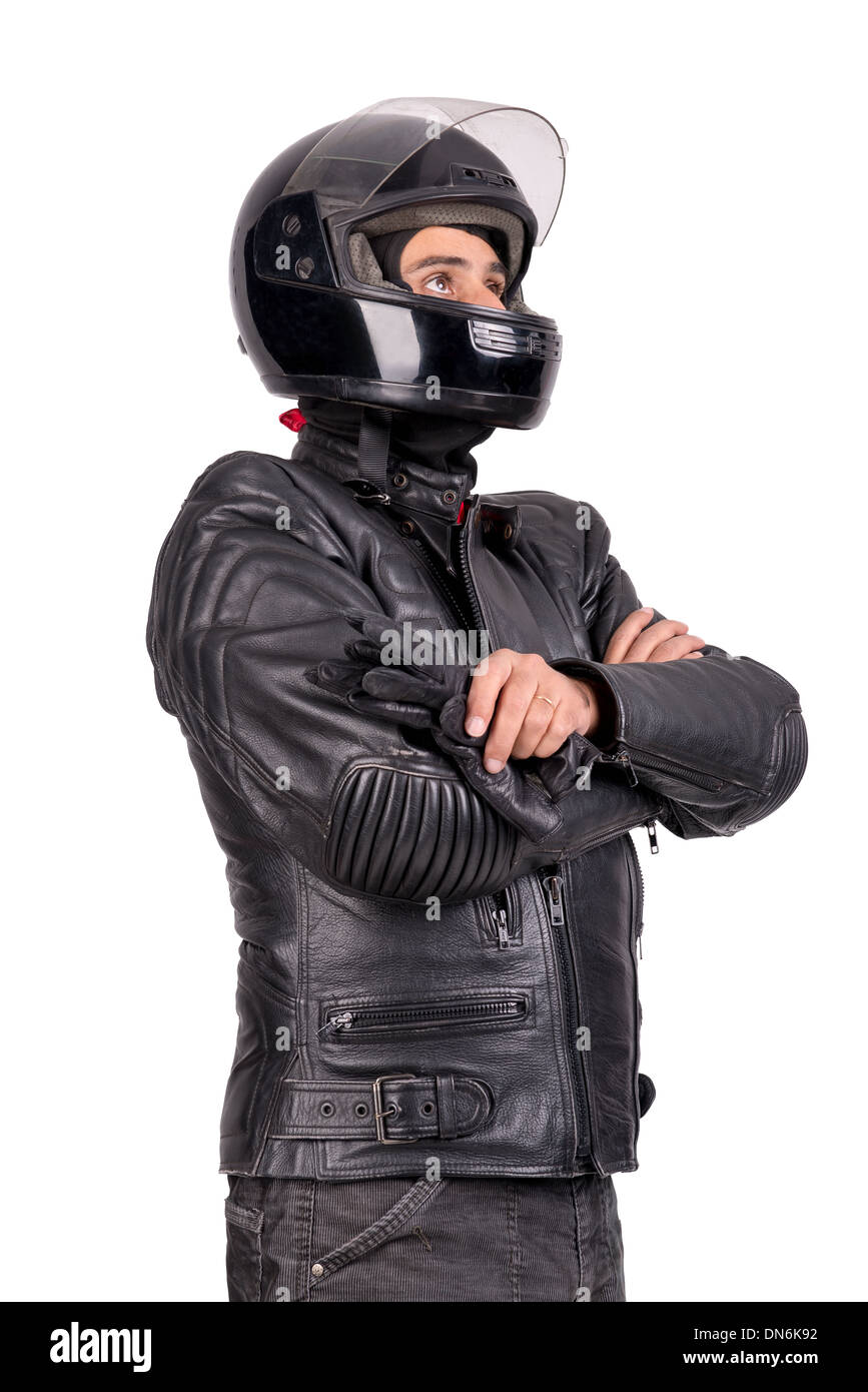 Biker en blouson de cuir avec casque isolé dans White Banque D'Images