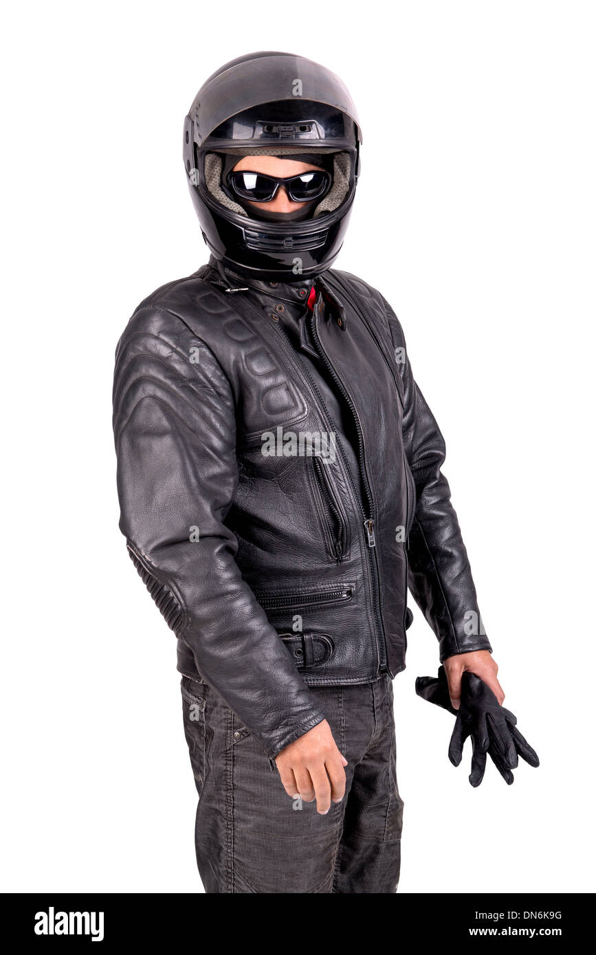 Biker en blouson de cuir avec casque isolé dans White Banque D'Images