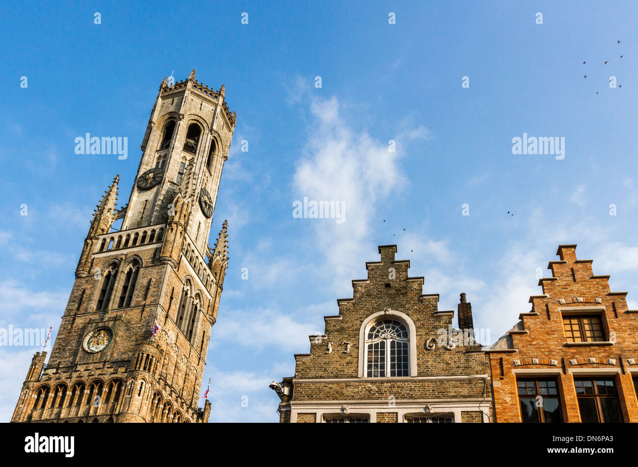 Vue sur le beffroi de Bruges à côté de bâtiments médiévaux Étape Corbie Banque D'Images