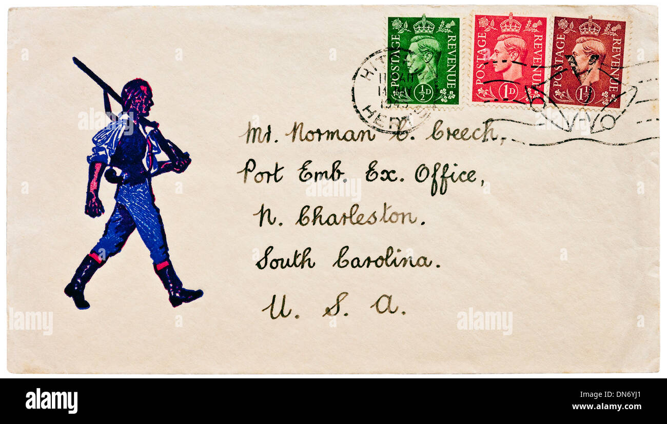 En 1945 l'enveloppe "patriotique" avec 3D King George VI timbres adressée à Caroline du Sud, USA. Banque D'Images