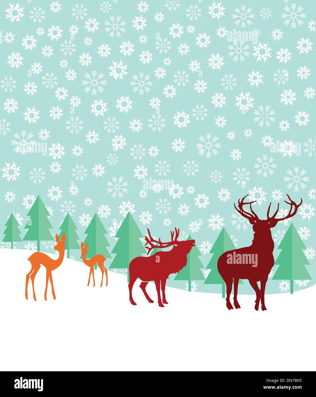 Cerfs et sapins dans la neige Illustration de Vecteur