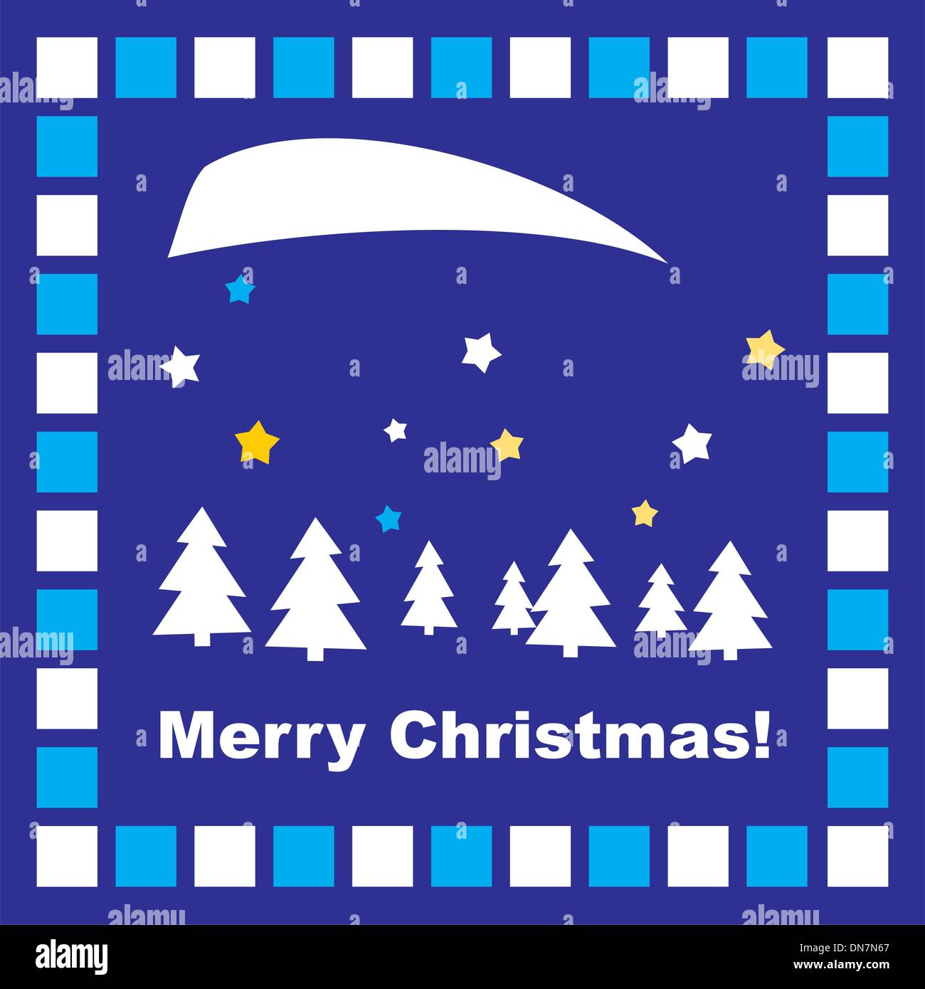 Carte de Noël vecteur avec fond bleu foncé, blanc, bleu et jaune des arbres et stars & Joyeux Noël message Illustration de Vecteur