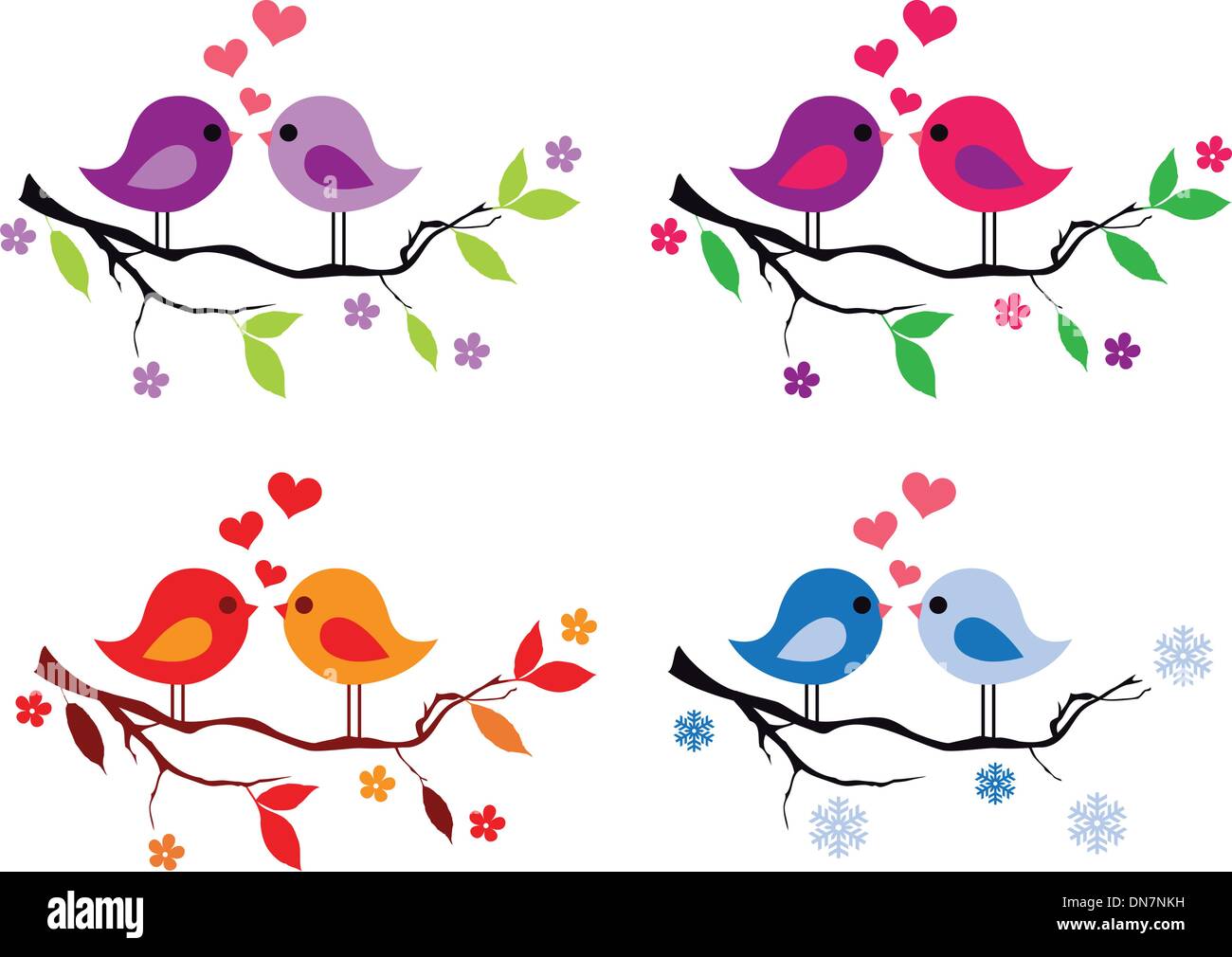 Oiseaux mignons avec coeurs rouges sur l'arbre, vector set Illustration de Vecteur