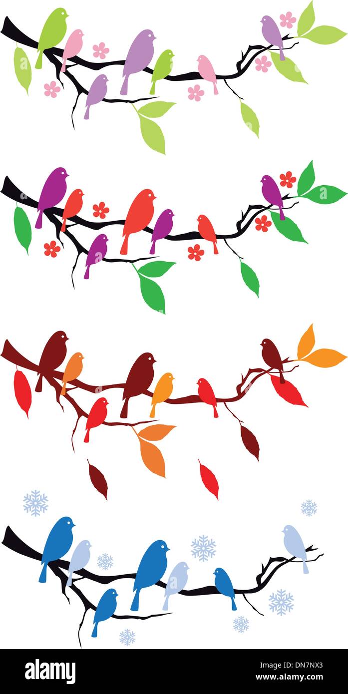 Les oiseaux sur arbre en quatre saisons, vector set Illustration de Vecteur