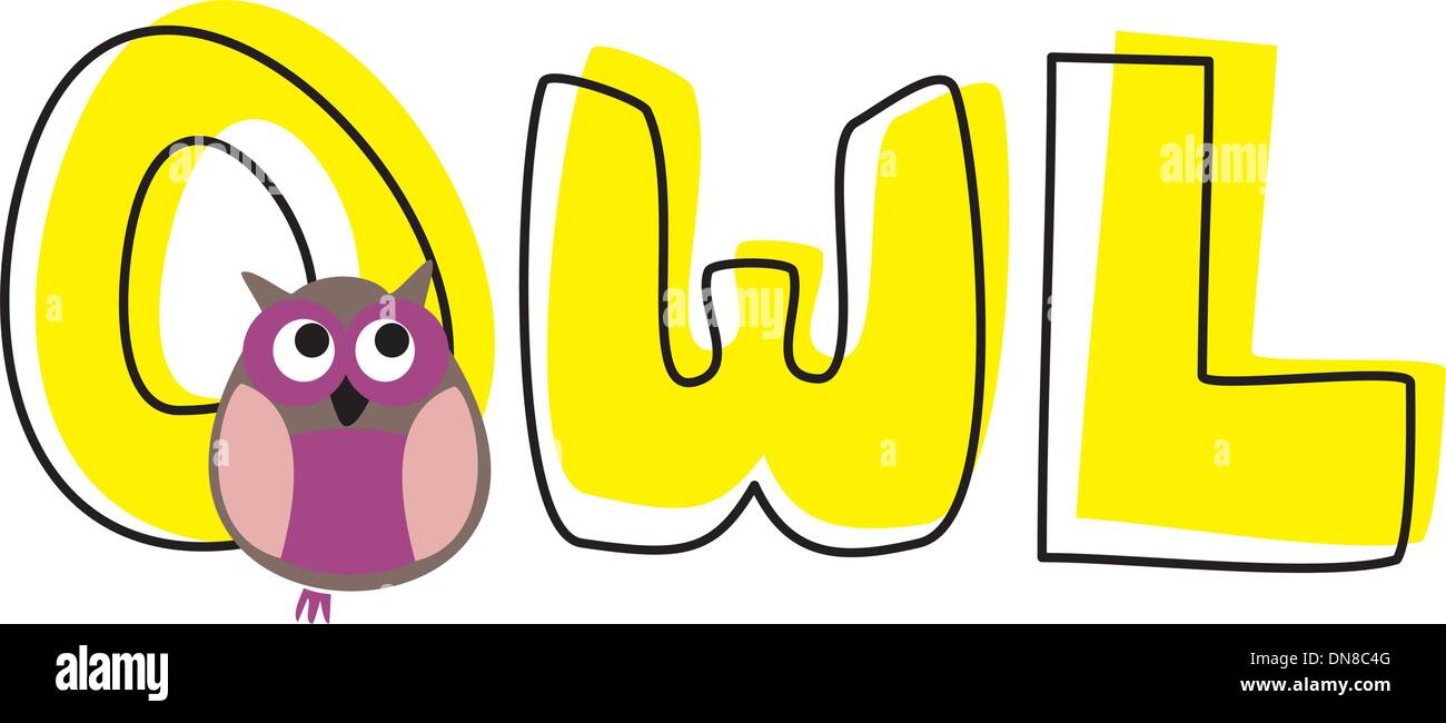 O est pour owl - vector illustration avec drôle regardant chouette violet et jaune doodle dessinés à la main, mot. Illustration de Vecteur
